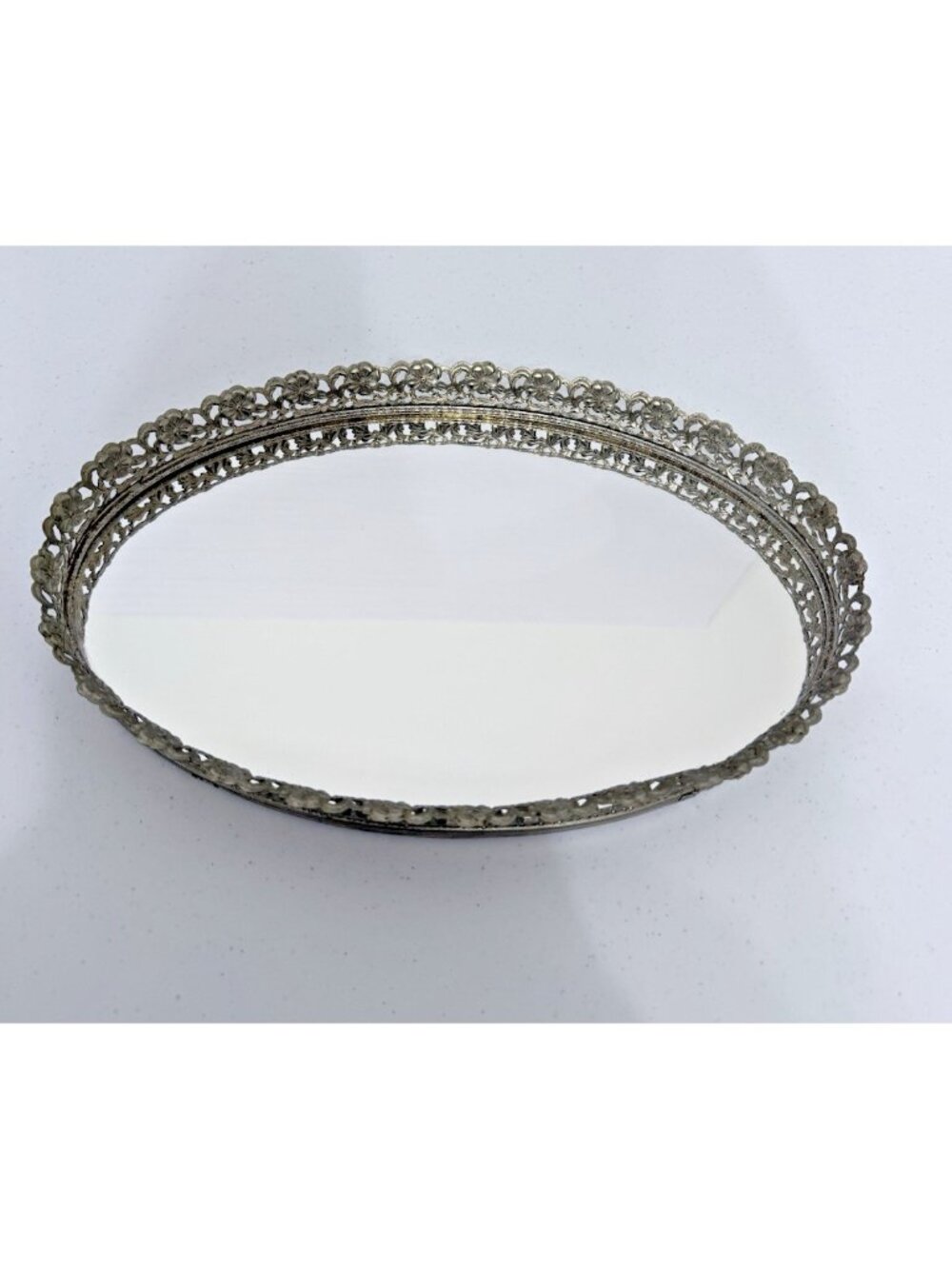 Vintage Oval Mirrored Vanity Dresser Tray Ornate Filigree Gold Tone Metal